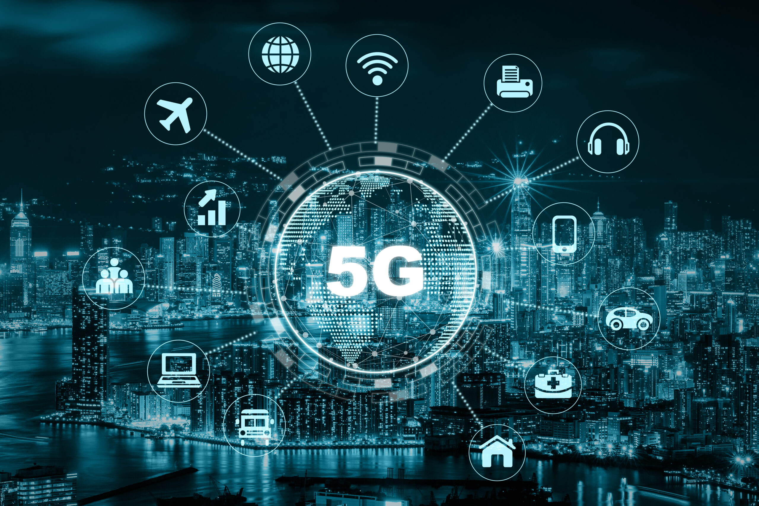 5G technology with earth dot in center of various icon internet of thing over the Aerial View of Hong Kong Cityscape, Wireless communication connection network concept.